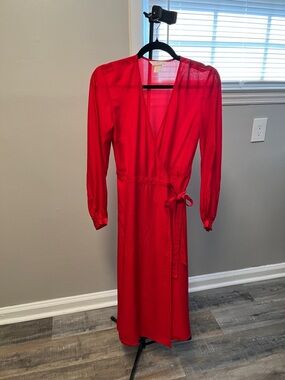 H&M Red Long Sleeve Wrap Midi Dress